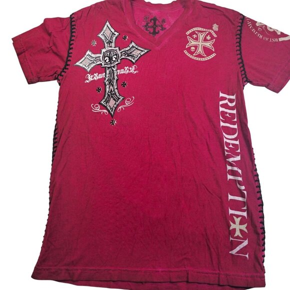 Raw State Embellished V-Neck Red Graphic Cross Wing Tee Mens Medium - Picture 1 of 5